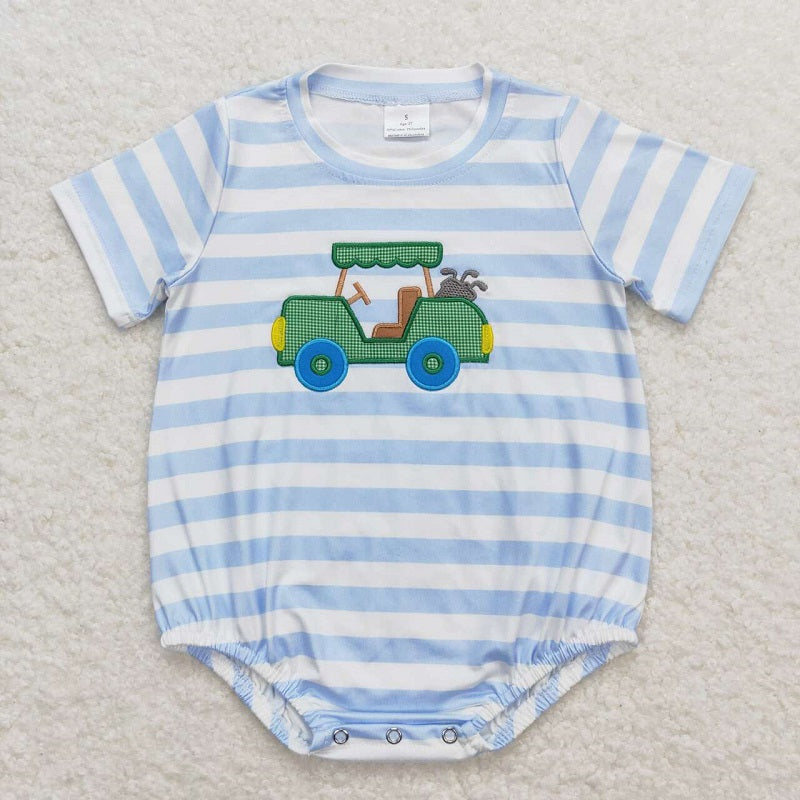 SR0795 Embroidered golf cart blue and white striped short-sleeved jumpsuit