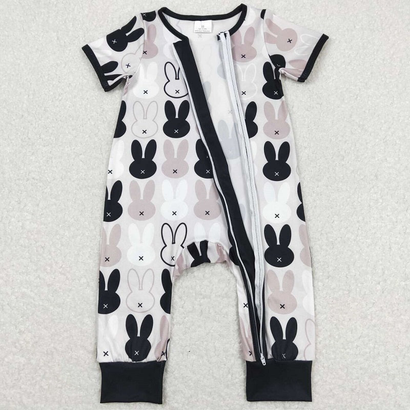 SR1012 Rabbit Brown Gray Zip Short Sleeve Jumpsuit