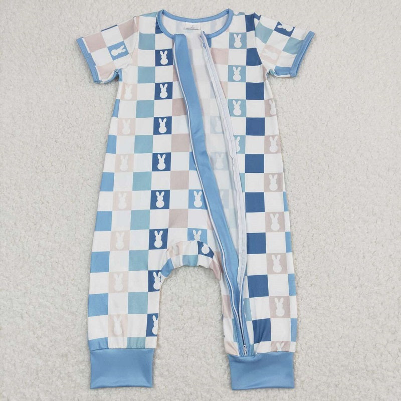 SR1013 Rabbit Plaid Blue and White Zip Short Sleeve Jumpsuit
