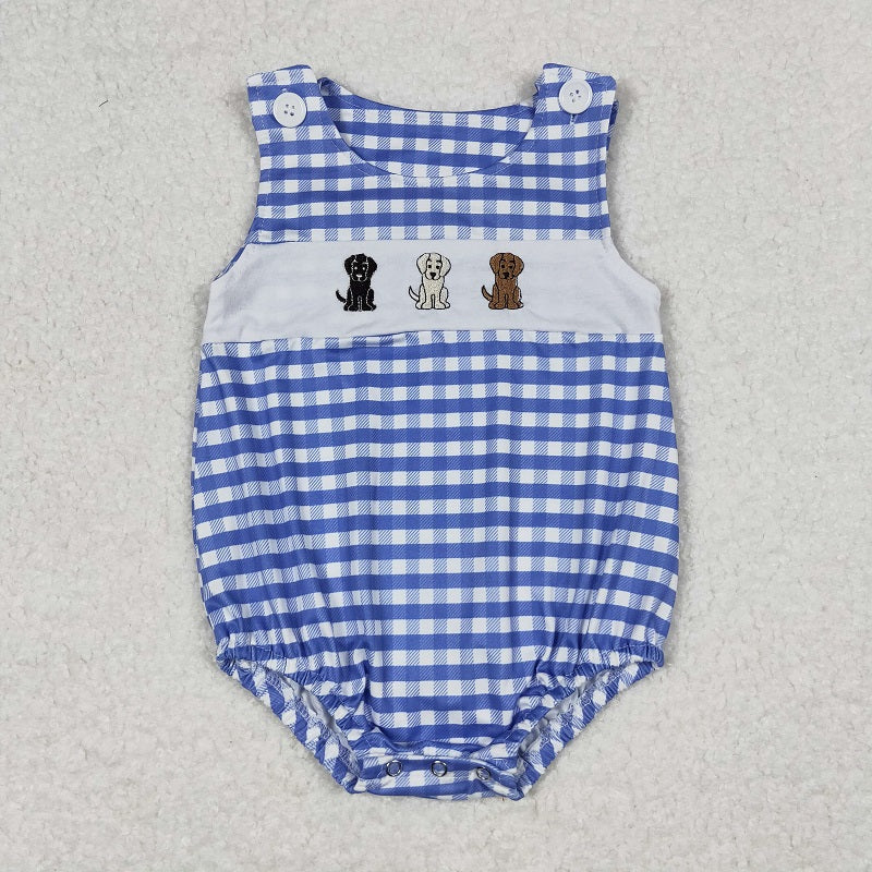 SR1048 Embroidered Three Puppies Blue and White Plaid Vest Jumpsuit D 6.10