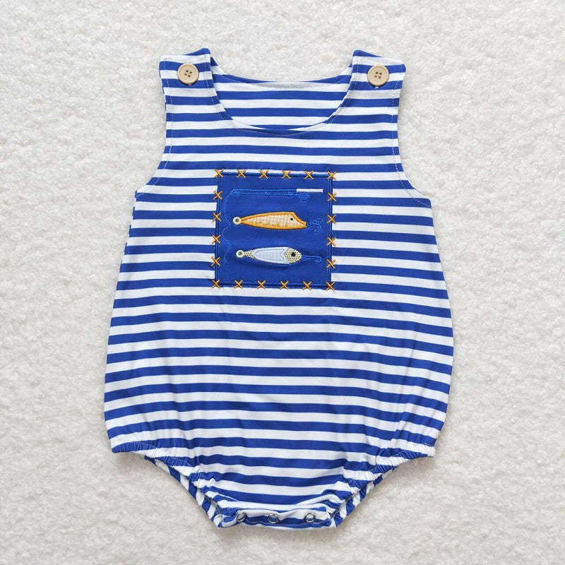 SR1074 Embroidered Fishing Blue and White Striped Vest Jumpsuit