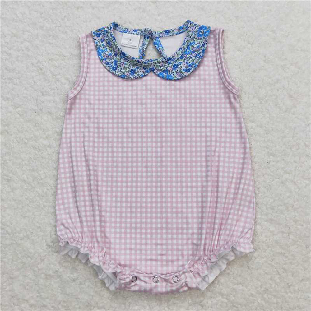 SR1087 Floral floral doll collar pink and white plaid vest jumpsuit D 3.10