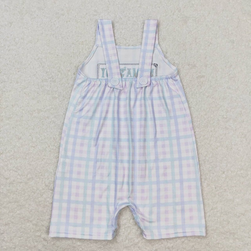 SR1092 mama's boy embroidered lettering colorful plaid sleeveless jumpsuit