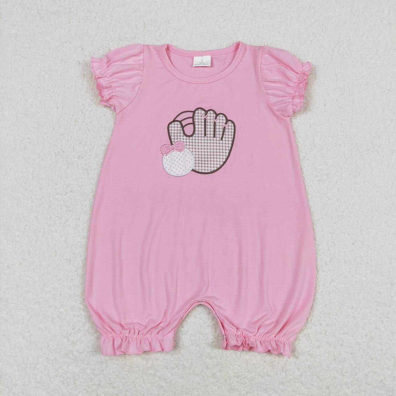 SR1213 Embroidered Bow Baseball Glove Pink Short Sleeve Jumpsuit