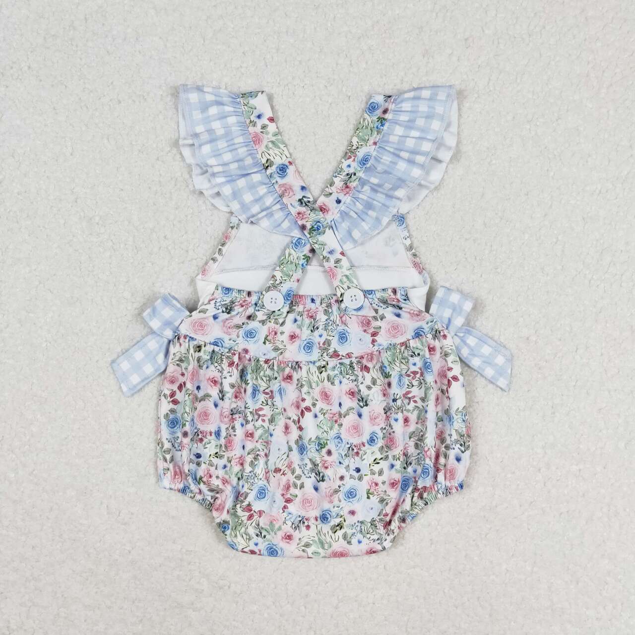 SR1240 daddy'girl letter flower blue and white plaid lace bow vest jumpsuit