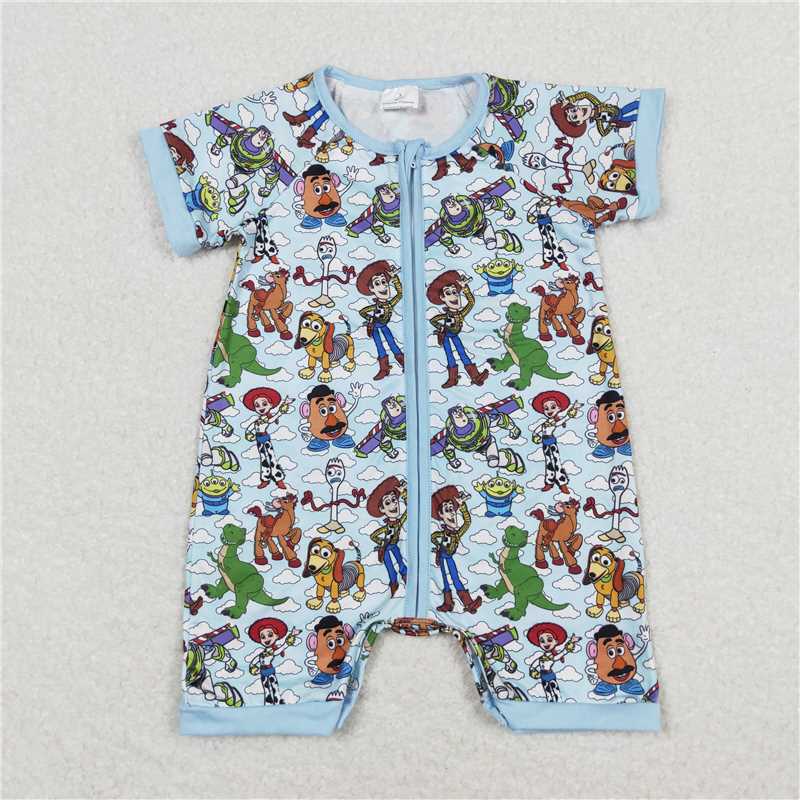 SR1274 Cartoon white cloud blue zipper short-sleeved jumpsuit