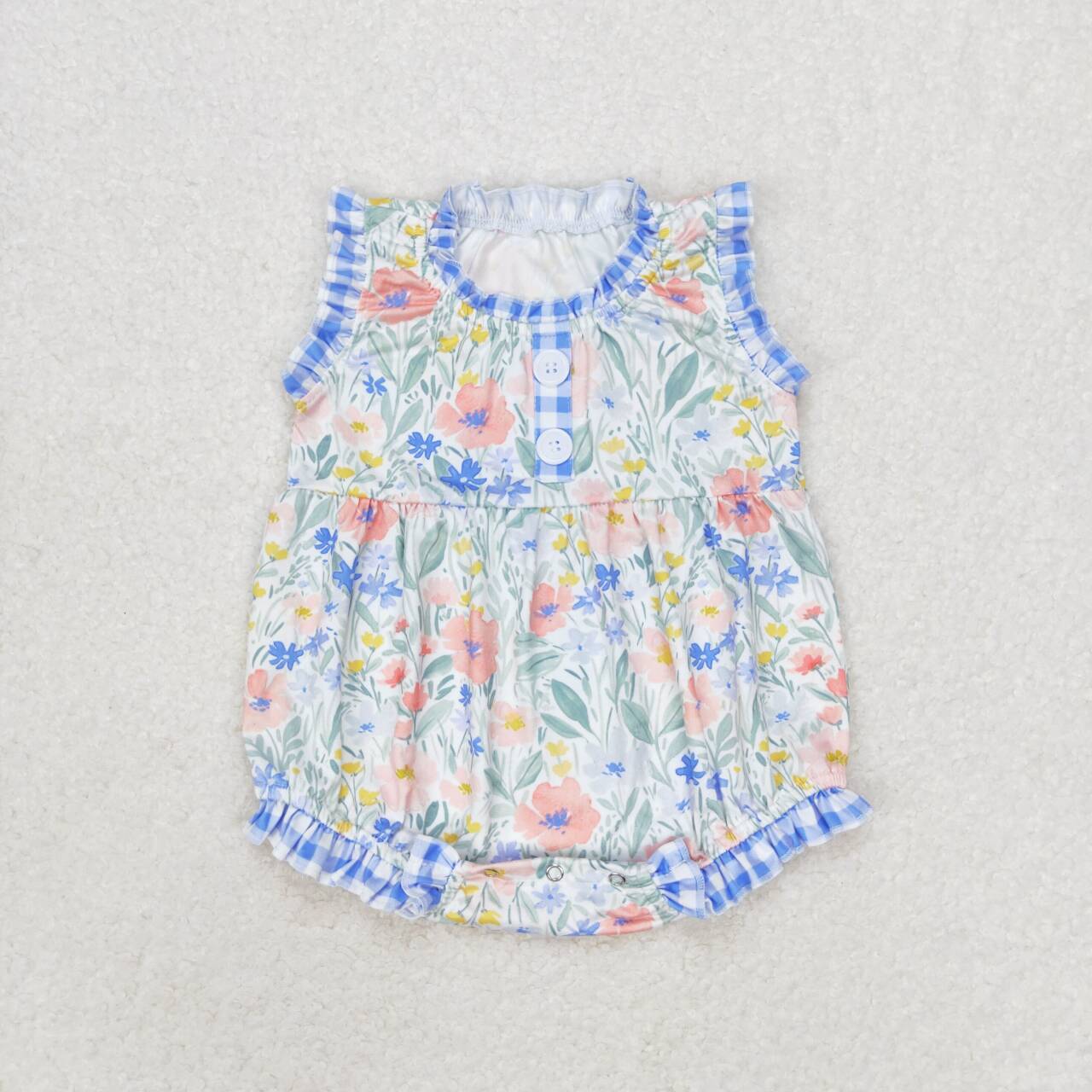 SR1345 Floral Blue and White Plaid Lace Vest Bodysuit
