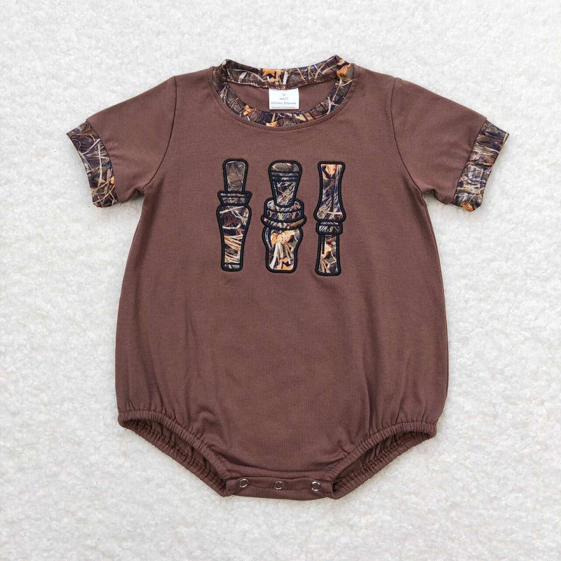 SR1402 Embroidery Leaves Grass Camouflage Bottle Brown Short Sleeve Jumpsuit D 4.25