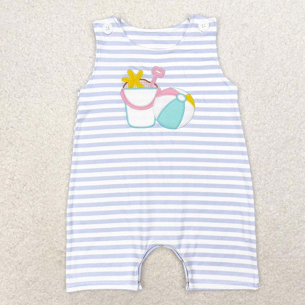 SR1517 Beach Ball Starfish Bucket Blue and White Striped Sleeveless Jumpsuit