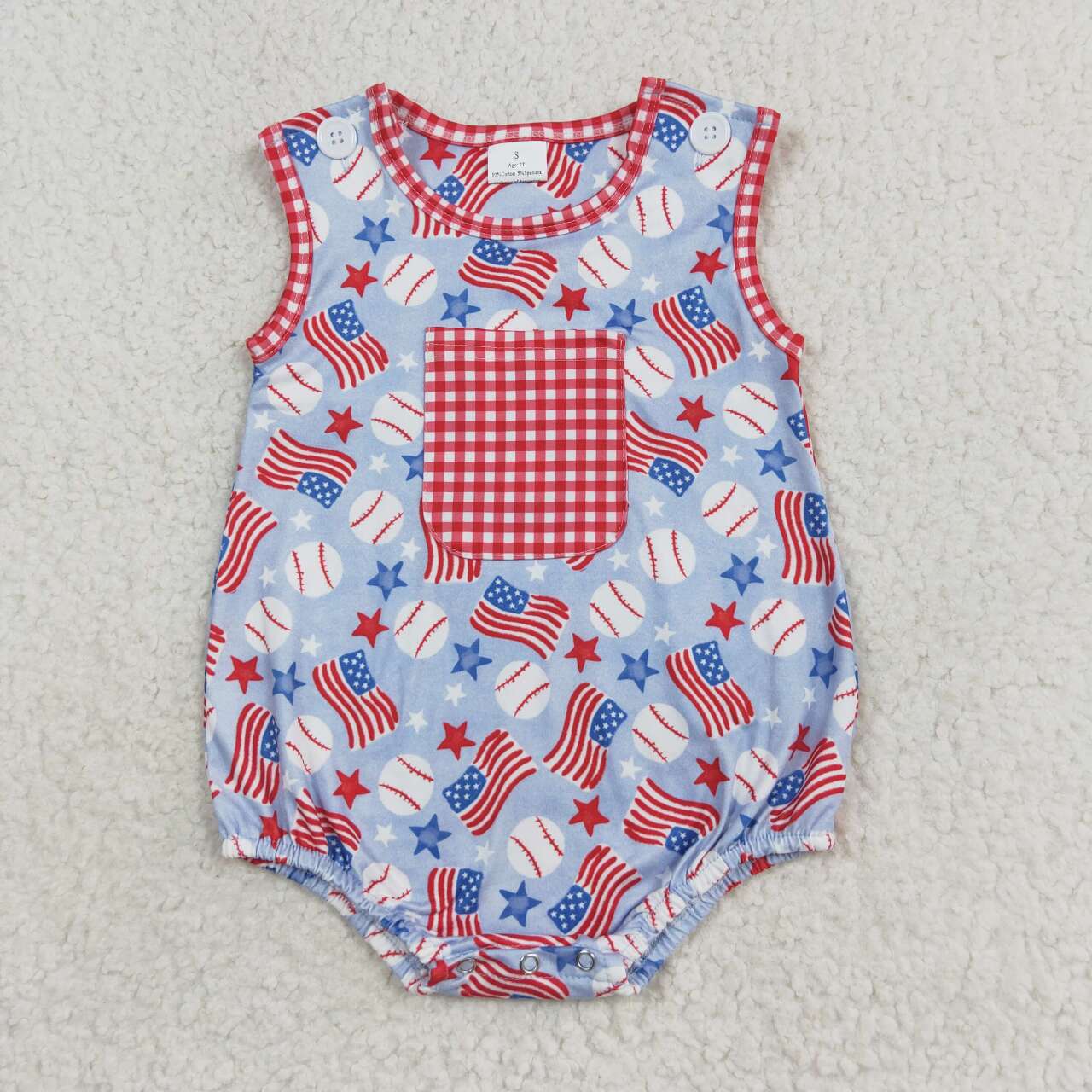 SR1563 Flag Stars Baseball Red and White Plaid Pocket Vest Bodysuit