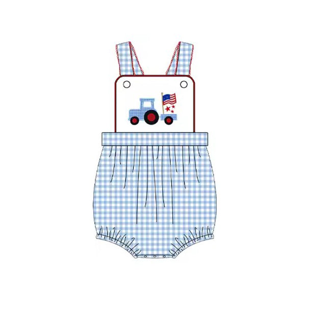 preorder SR1645 Boys Truck Flag Stars Blue Plaid Tank Top Bodysuit