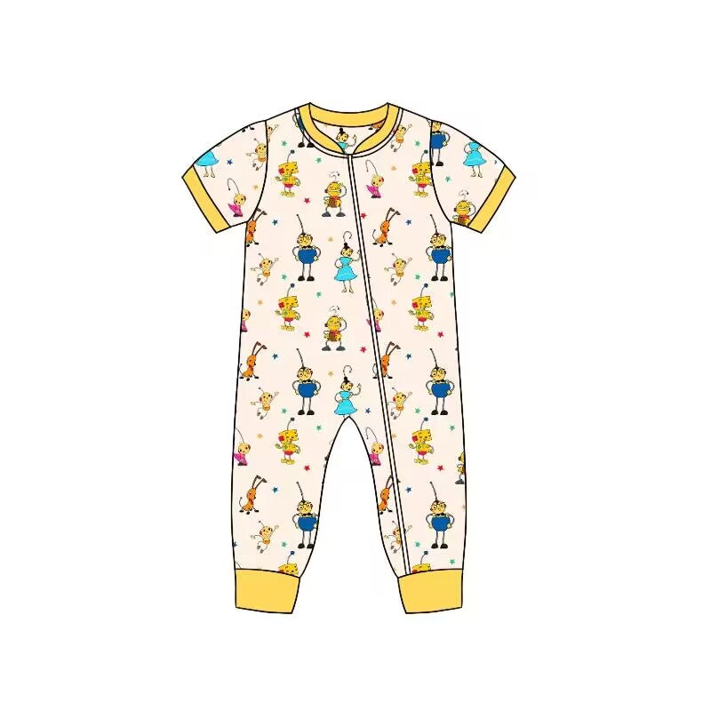 preorder SR1662 Cartoon Bee Yellow Zip Short Sleeve Jumpsuit