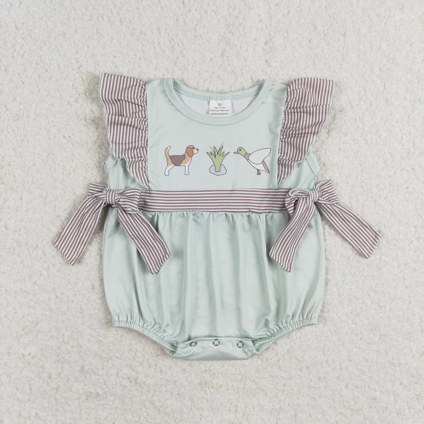 SR1790 Puppy duck striped bow teal vest bodysuit