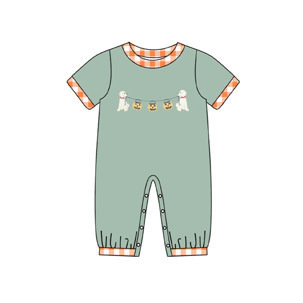SR1793 Halloween pumpkin lantern puppy orange plaid edge teal short-sleeved jumpsuit