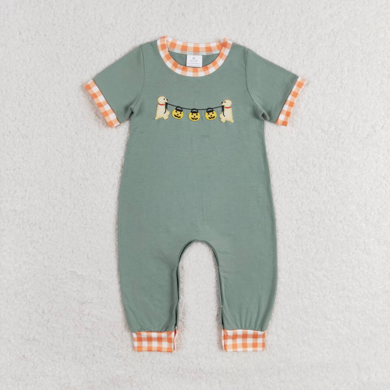 SR1793 Halloween pumpkin lantern puppy orange plaid edge teal short-sleeved jumpsuit
