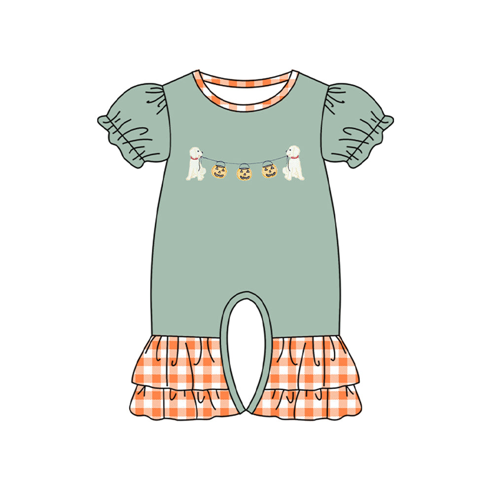 SR1794 Halloween Pumpkin Lantern Puppy Orange Plaid Lace Teal Short Sleeve Jumpsuit