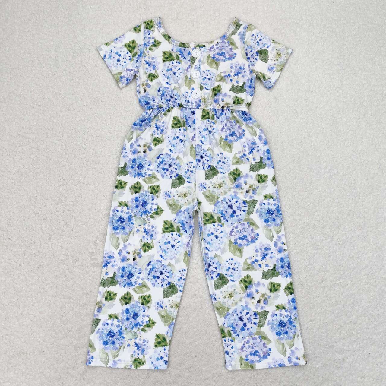 SR1846 Blue Hydrangea Leaves White Short Sleeve Bodysuit
