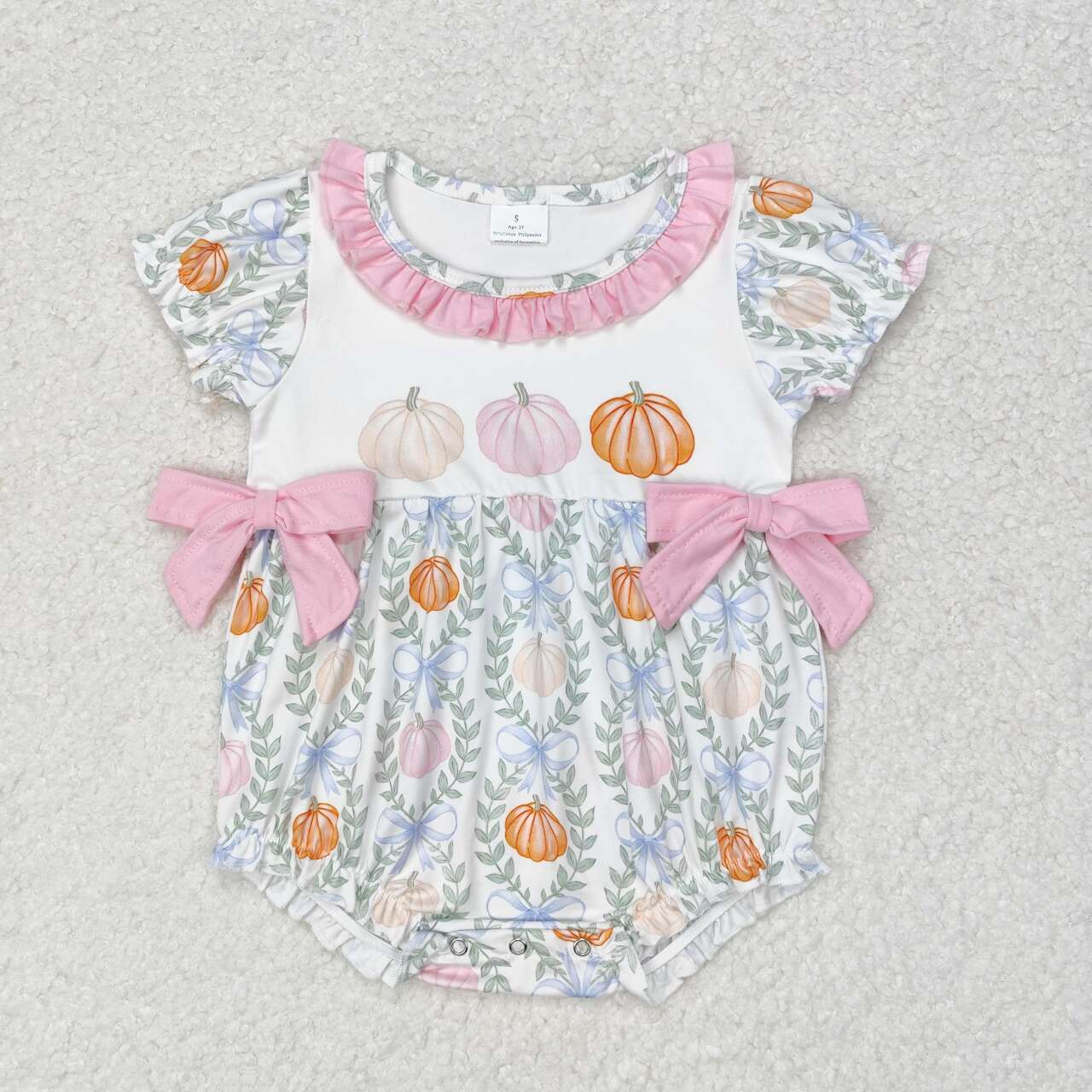 SR1865 Pumpkin Leaf Pink Lace Bow White Short Sleeve Bodysuit