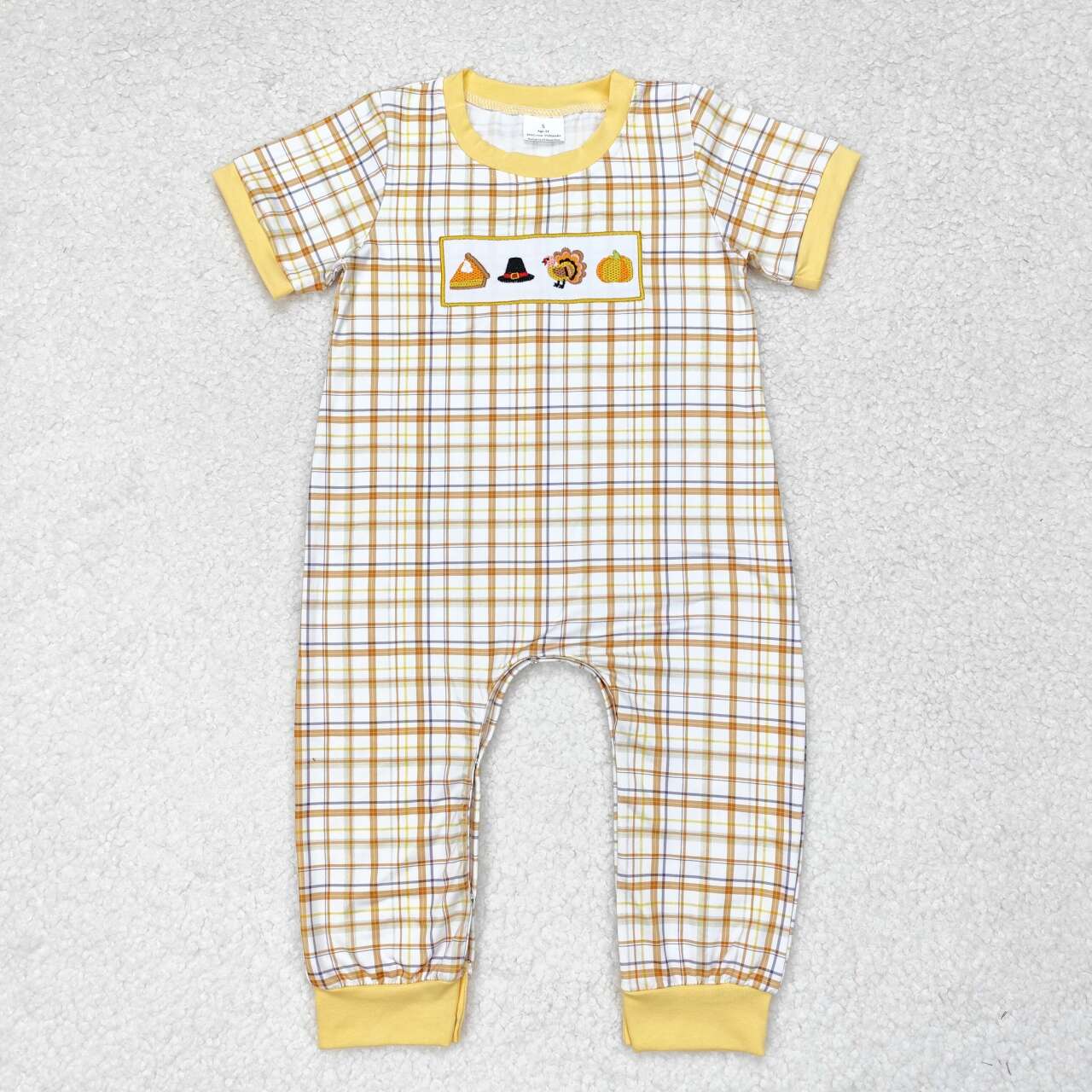 SR1869 Embroidery Boys Hat Turkey Pumpkin Orange Plaid Short Sleeve Bodysuit