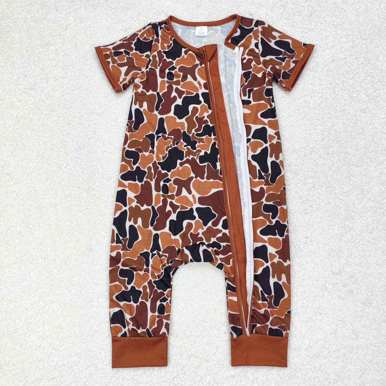 SR1895 Bamboo Brown Camouflage Beige Zip Short Sleeve Jumpsuit