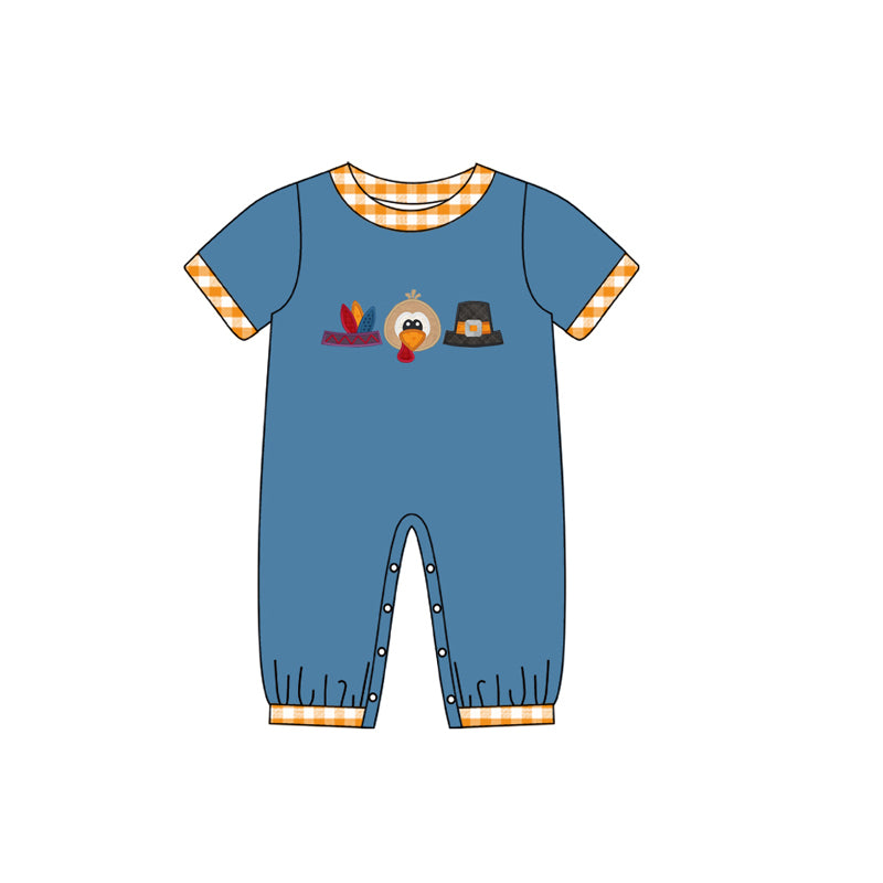 presale SR1921 Turkey Hat Yellow Plaid Blue Short Sleeve Bodysuit