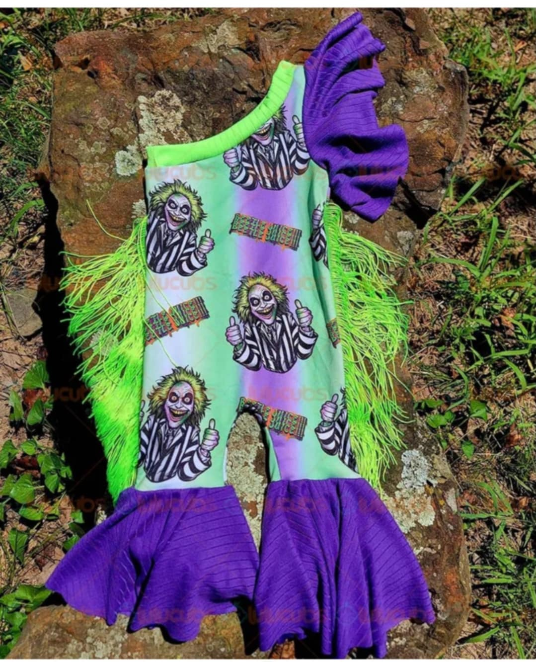 SR1944 Halloween Clown Purple Green Tassel One Shoulder Sleeve Bodysuit