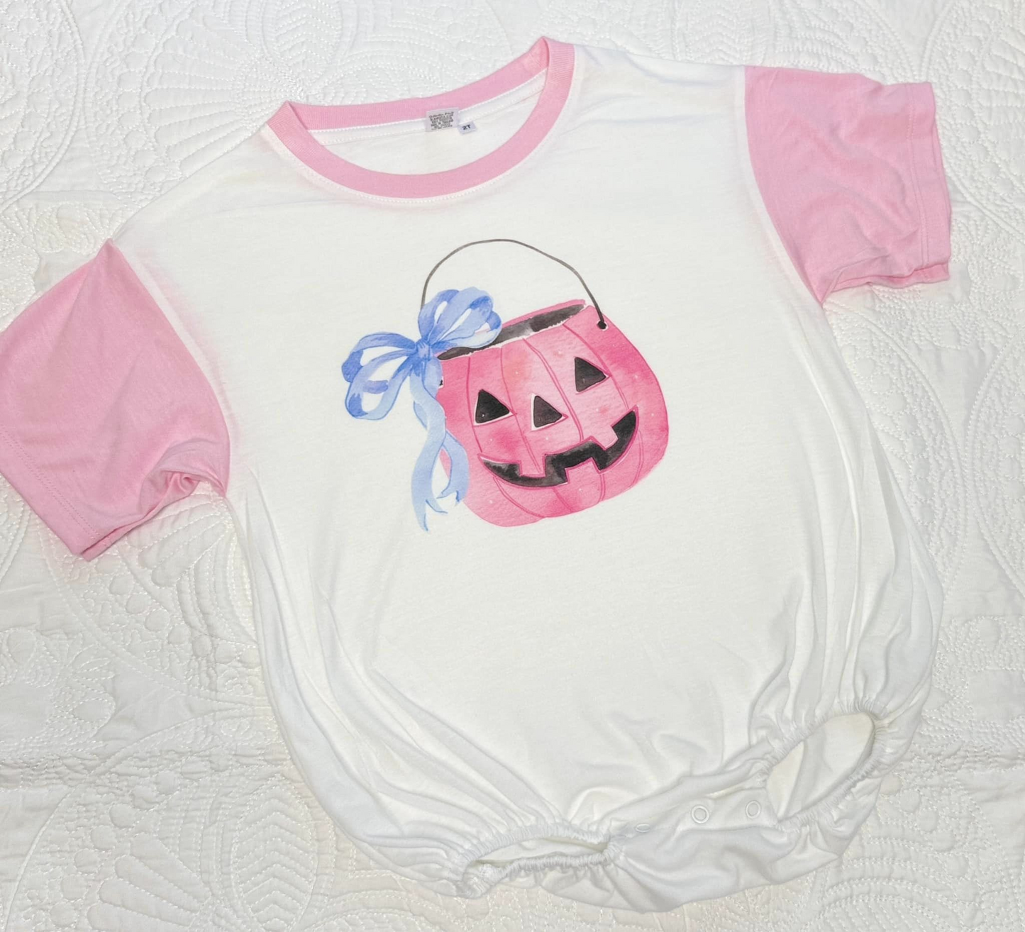 presale SR1966 Halloween Blue Bow Pattern Pink and White Short Sleeve Bodysuit 2024 8.9