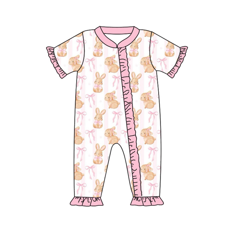 presale SR2021 Bunny Bow Lace Pink Striped Zipper Short Sleeve Bodysuit 2024 9.28