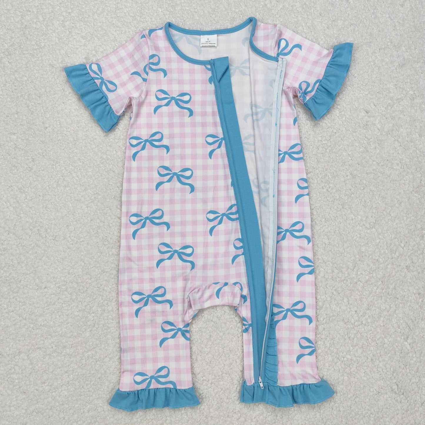 SR2026 Bow Pattern Blue Lace Pink Plaid Zipper Short Sleeve Bodysuit