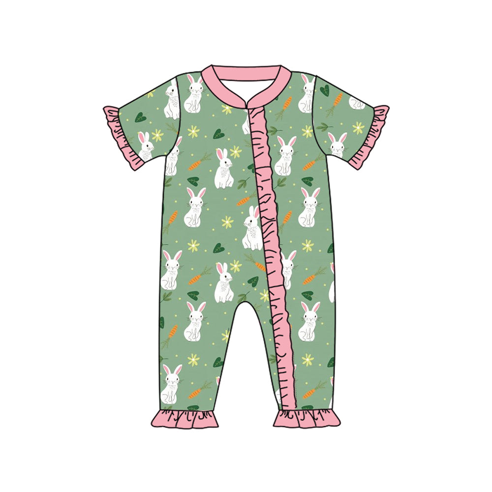 presale SR2070 Easter Bunny Carrot Leaf Pink Lace Green Zipper Short Sleeve Bodysuit 2024 10.14