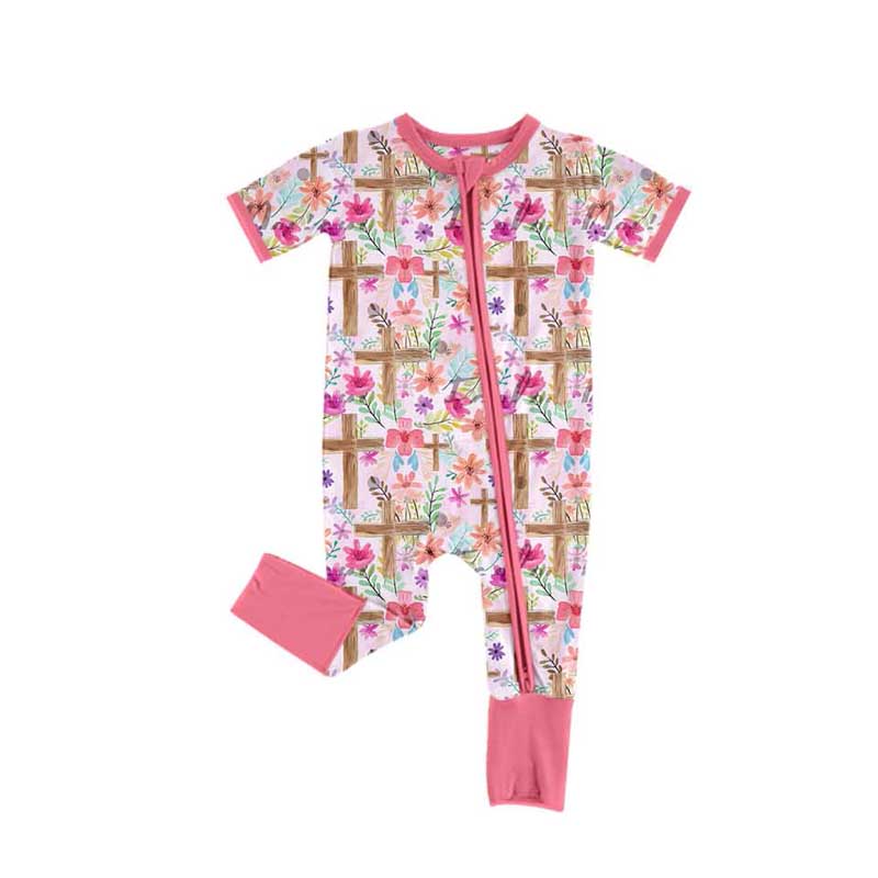 presale SR2089 Pink floral cross zip-up short-sleeved bodysuit 2024 10.19