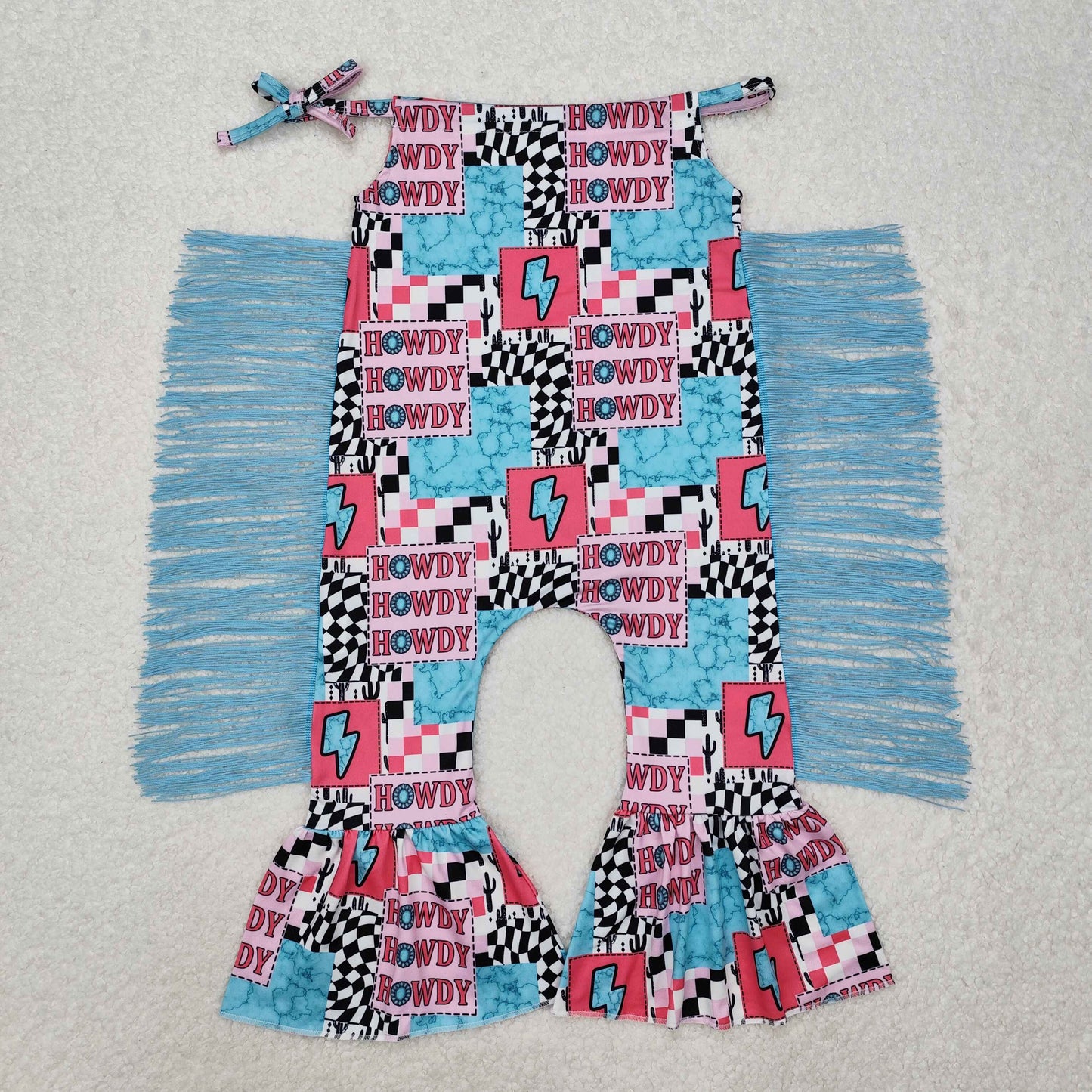 SR2090 Jewel Lightning Check Tassel Sleeveless Bodysuit