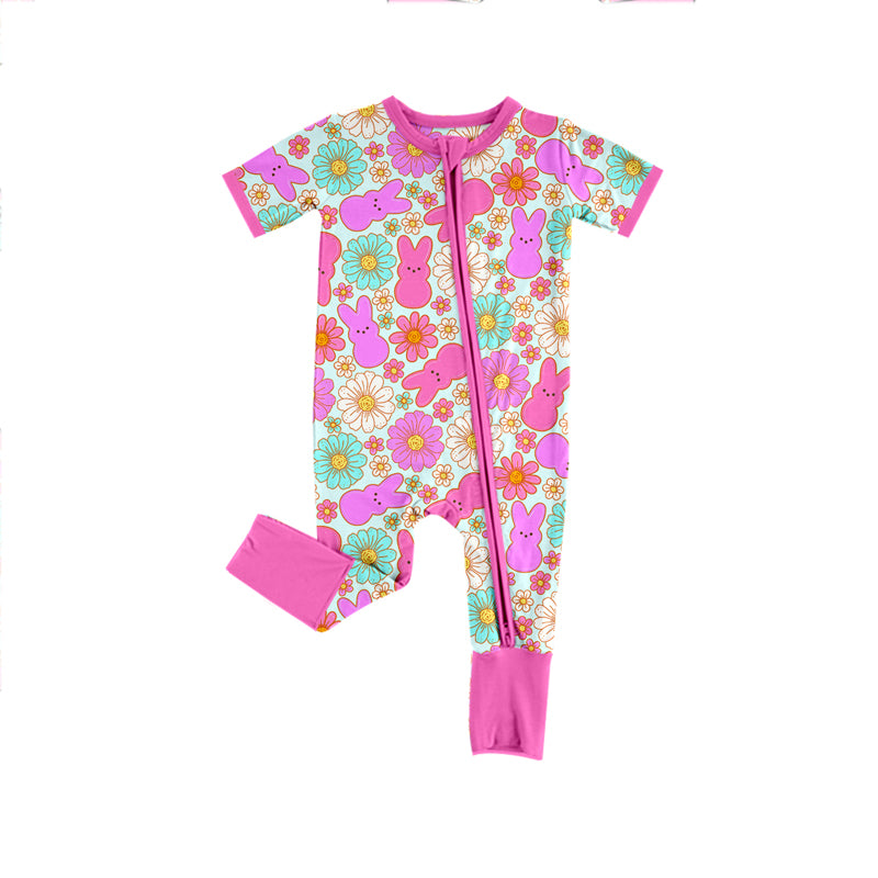 presale SR2106 Easter Bunny Floral Rose Red Zipper Short Sleeve Bodysuit 2024 10.22