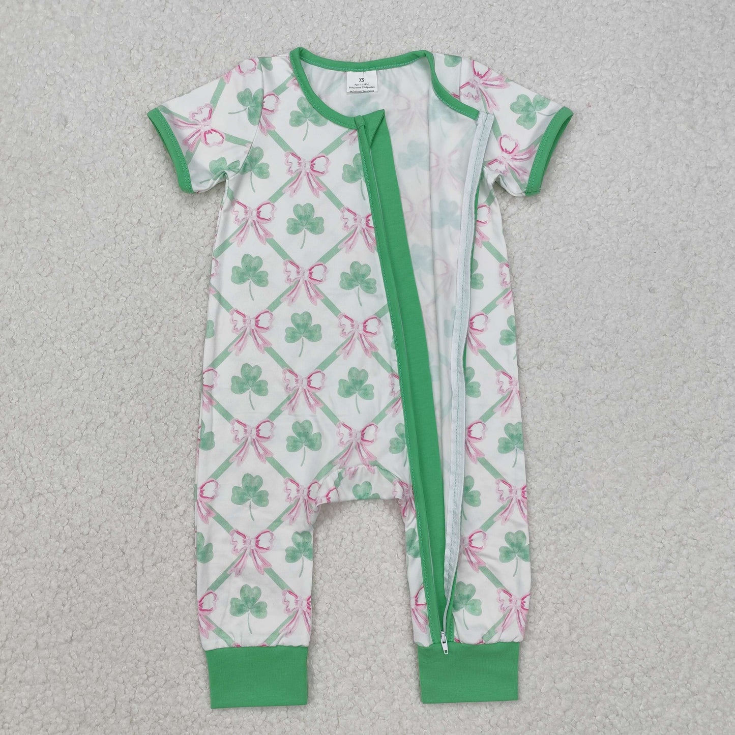 SR2109 Green and white zip-up short-sleeved clovers and bows