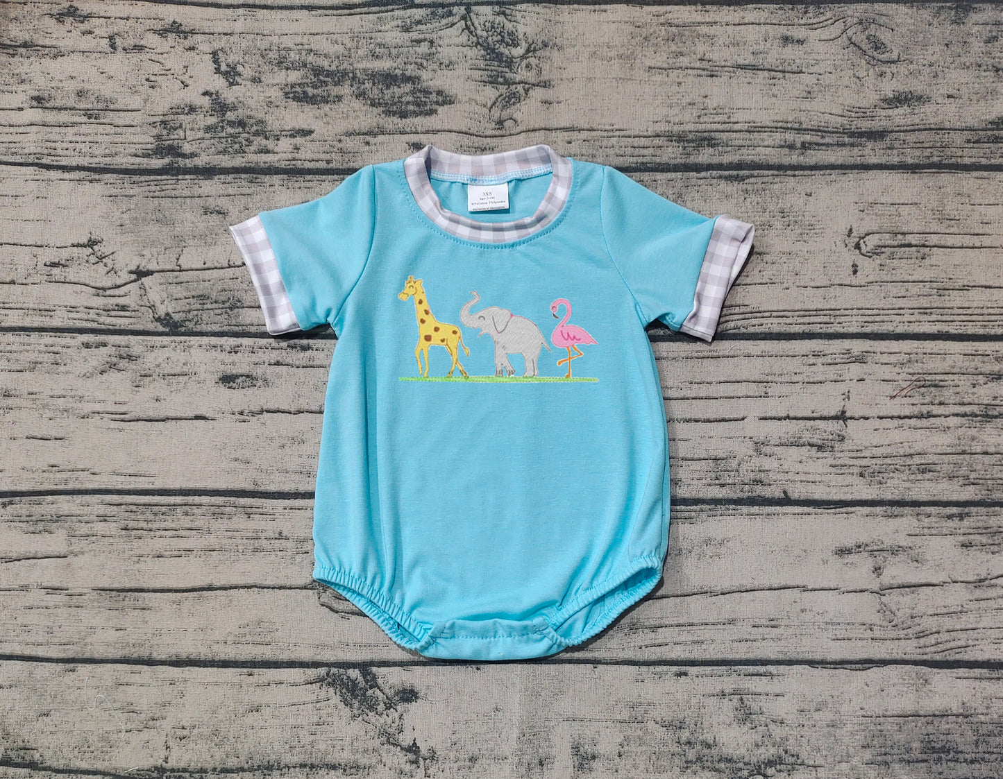 SR2123 Boys Giraffe Elephant Bird Animal Blue Short Sleeve Onesie
