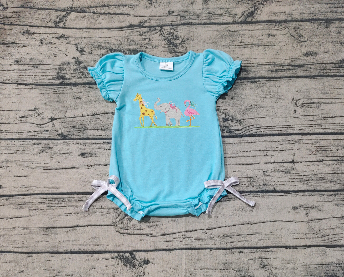SR2124 Girls Giraffe Elephant Bird Animal Blue Short Sleeve Bodysuit