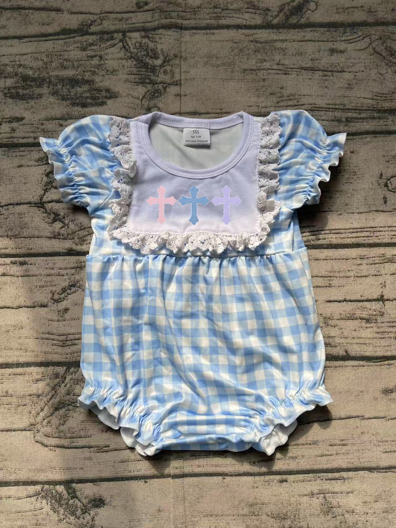 SR2133 Baby Infant Girls Easter Blue Checkered Cross Rompers D 3.6