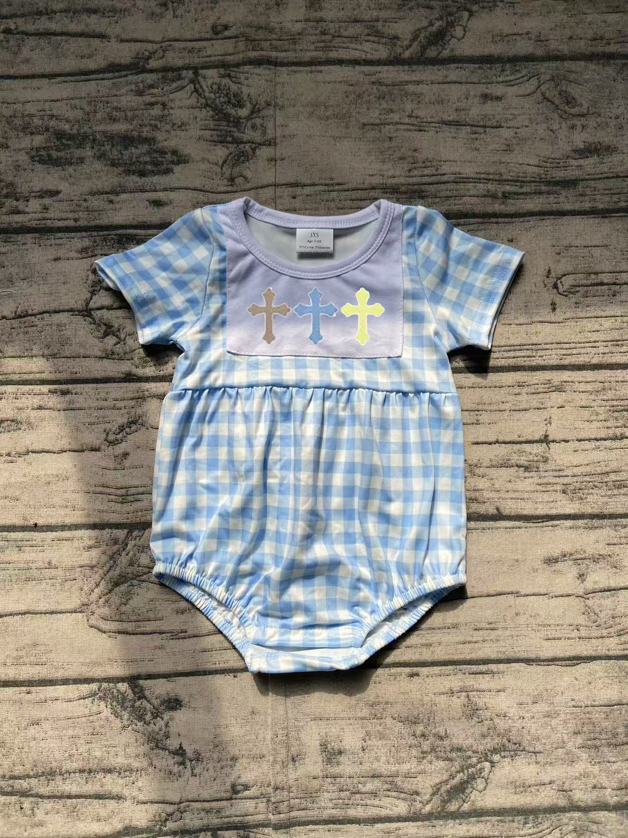 SR2134 Baby Infant Boys Easter Blue Checkered Cross Rompers D 3.6