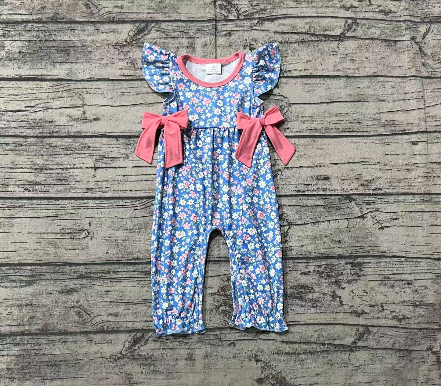 SR2166 Floral Flower and Leaf Pink Bow Flying Sleeve Bodysuit