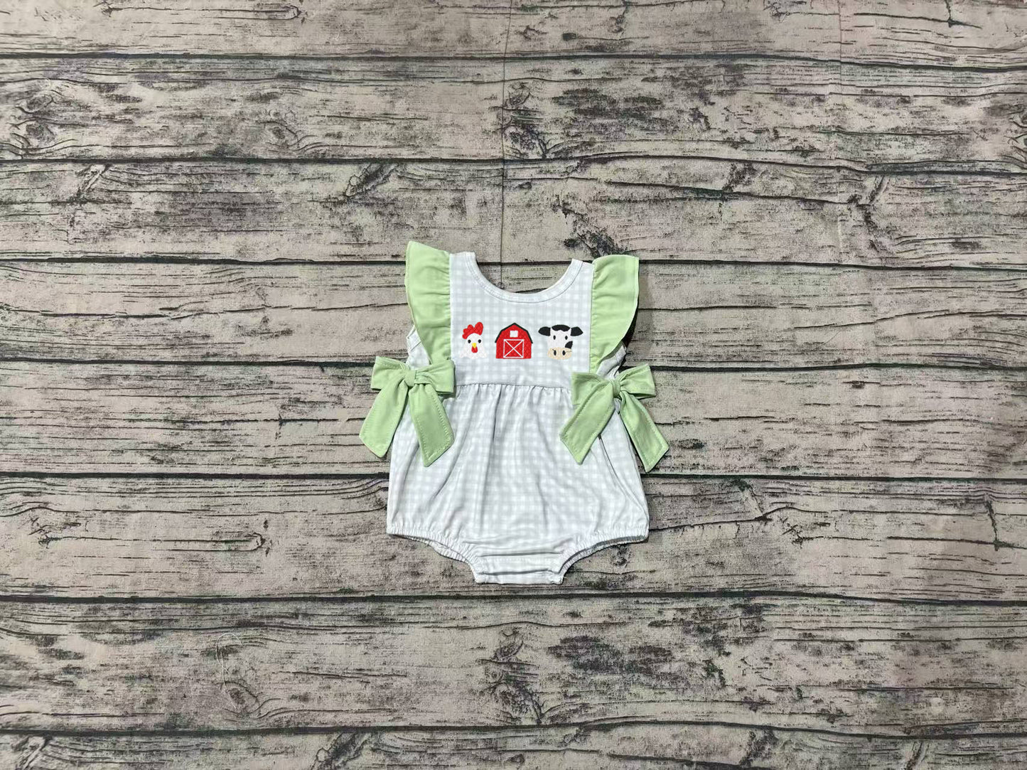 SR2184 Chicken Farm Red House Cow Green Lace Plaid Vest Bodysuit