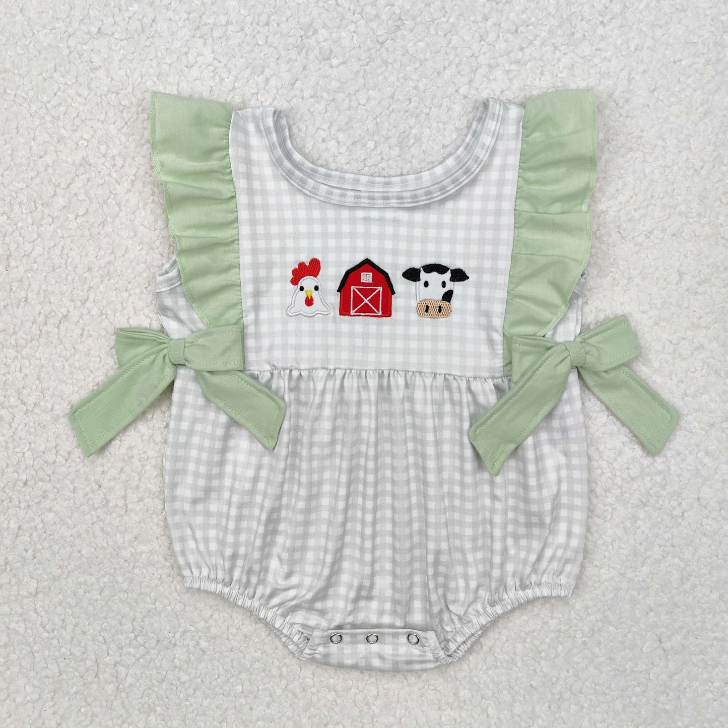 SR2184 Chicken Farm Red House Cow Green Lace Plaid Vest Bodysuit