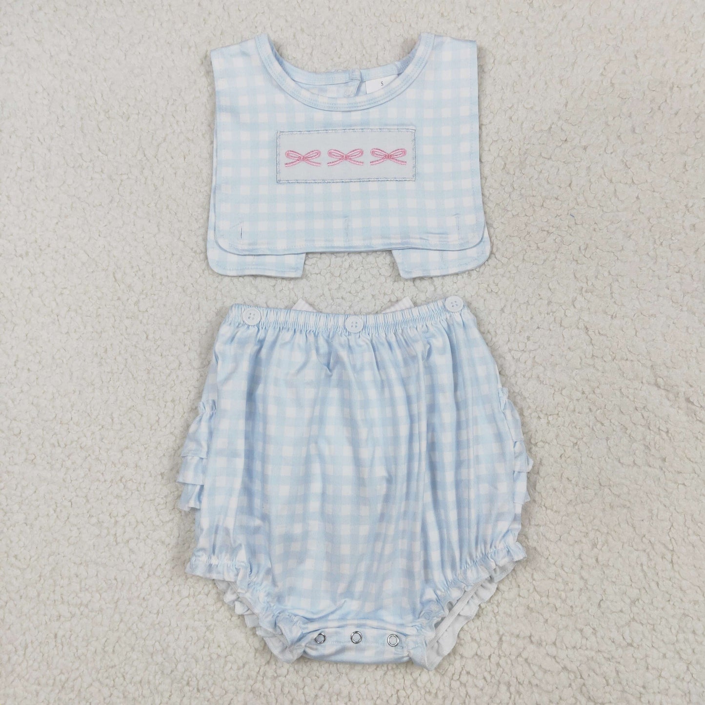 SR2203 Pink Bow Blue Plaid Vest Bodysuit