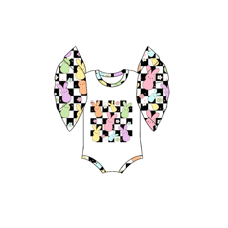 SR2227 Easter Bunny Floral Check Lace Sleeve Bodysuit