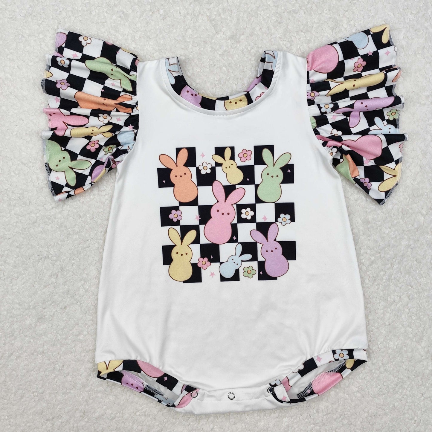 SR2227 Easter Bunny Floral Check Lace Sleeve Bodysuit