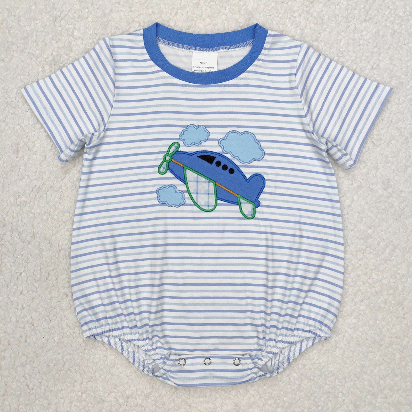 SR2244 Airplane, White Clouds, Blue Striped Short Sleeve Bodysuit D 3.6