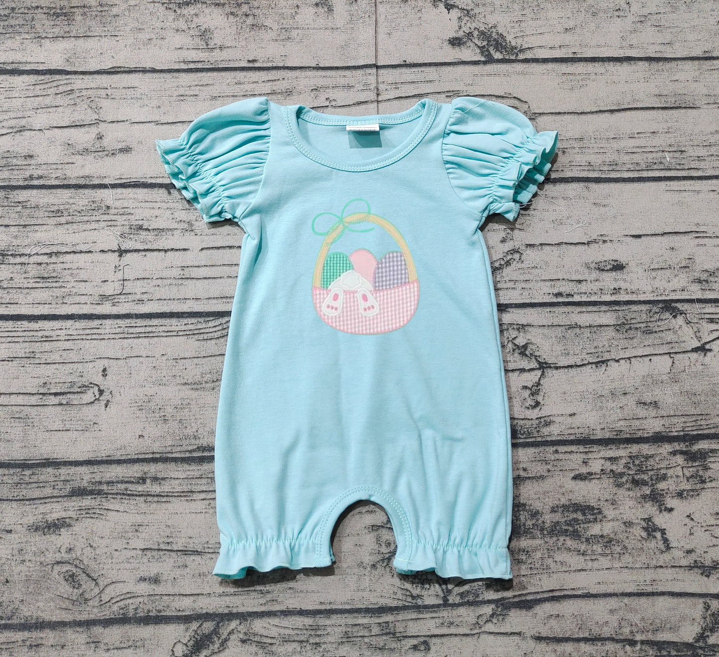 SR2292 Girls Easter Bunny Egg Basket Teal Short Sleeve Bodysuit