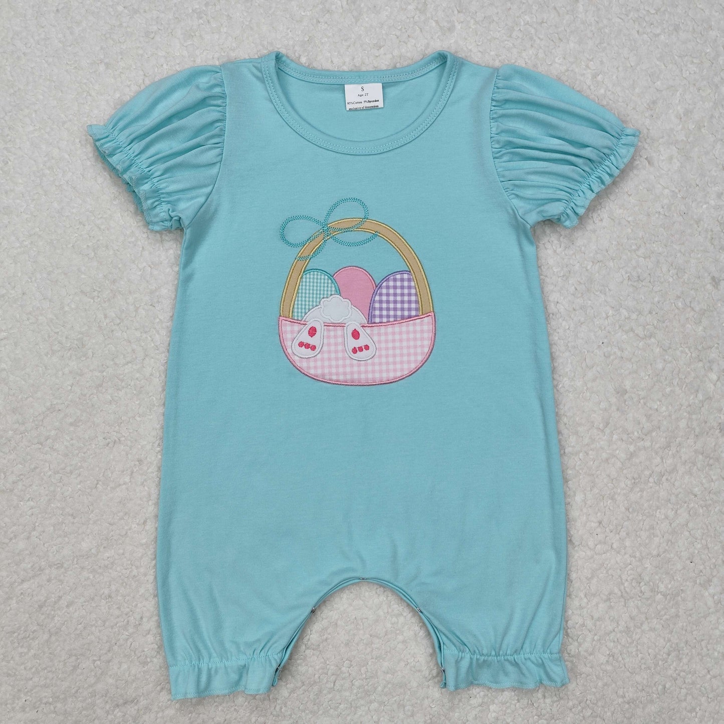 SR2292 Girls Easter Bunny Egg Basket Teal Short Sleeve Bodysuit