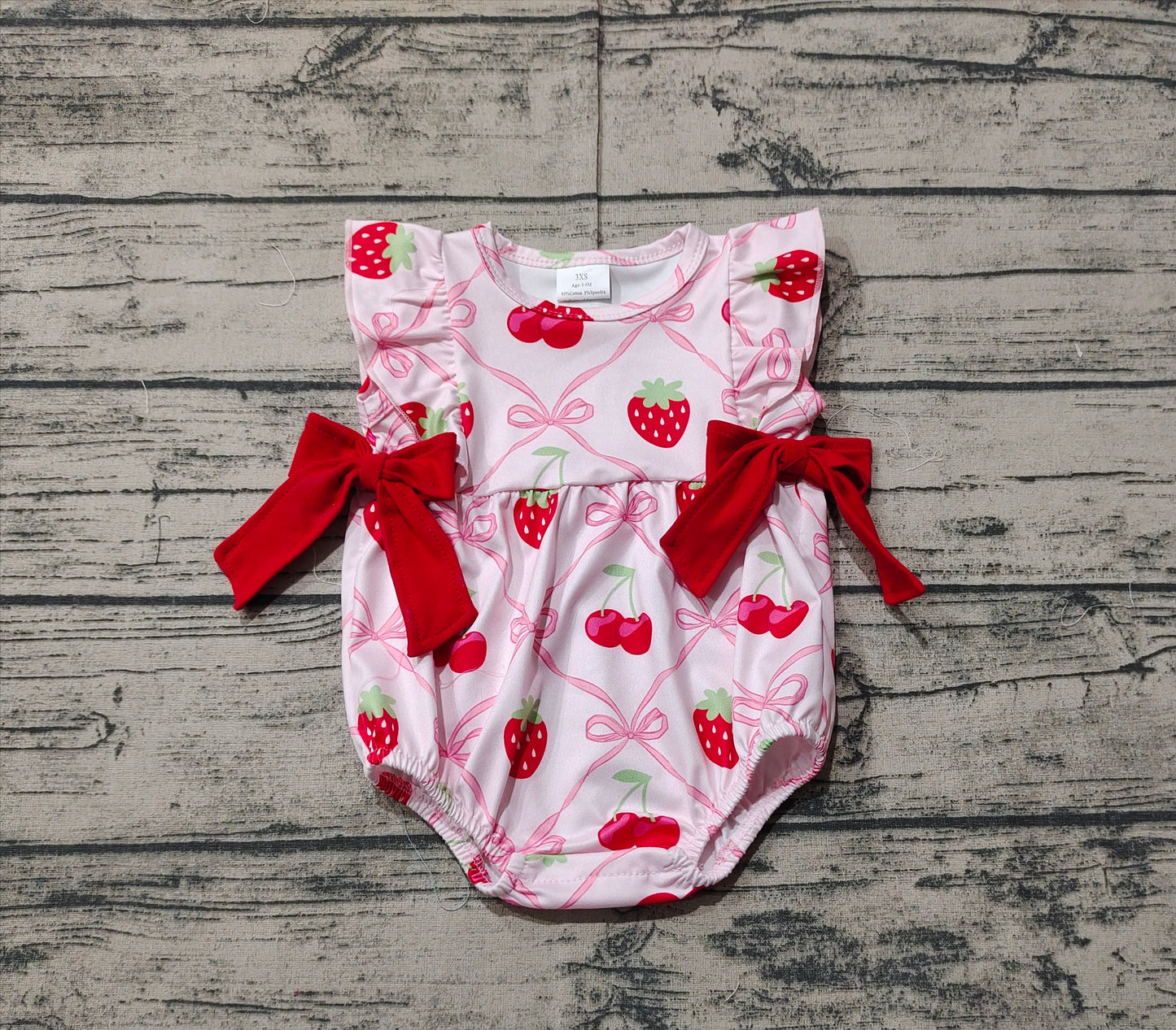 SR2295 Strawberry Cherry Red Bow Pink Vest Bodysuit