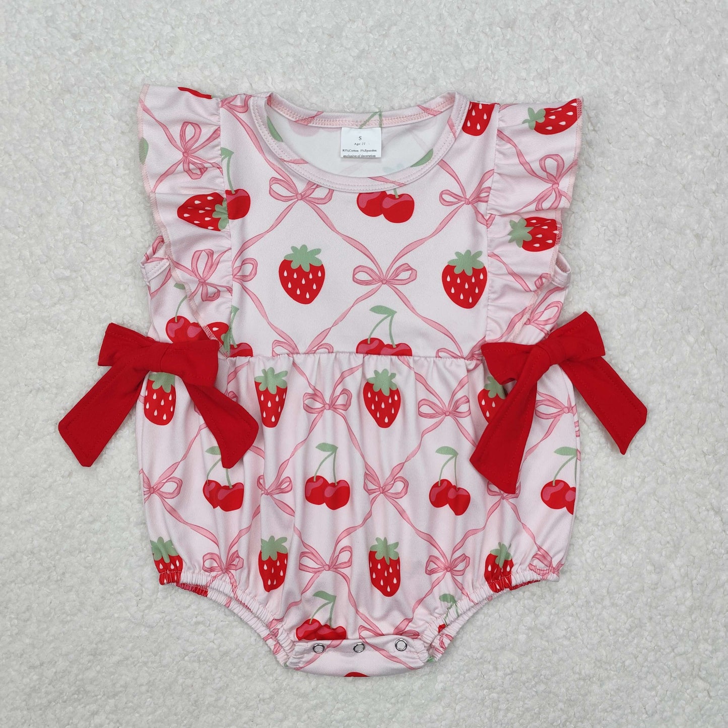 SR2295 Strawberry Cherry Red Bow Pink Vest Bodysuit