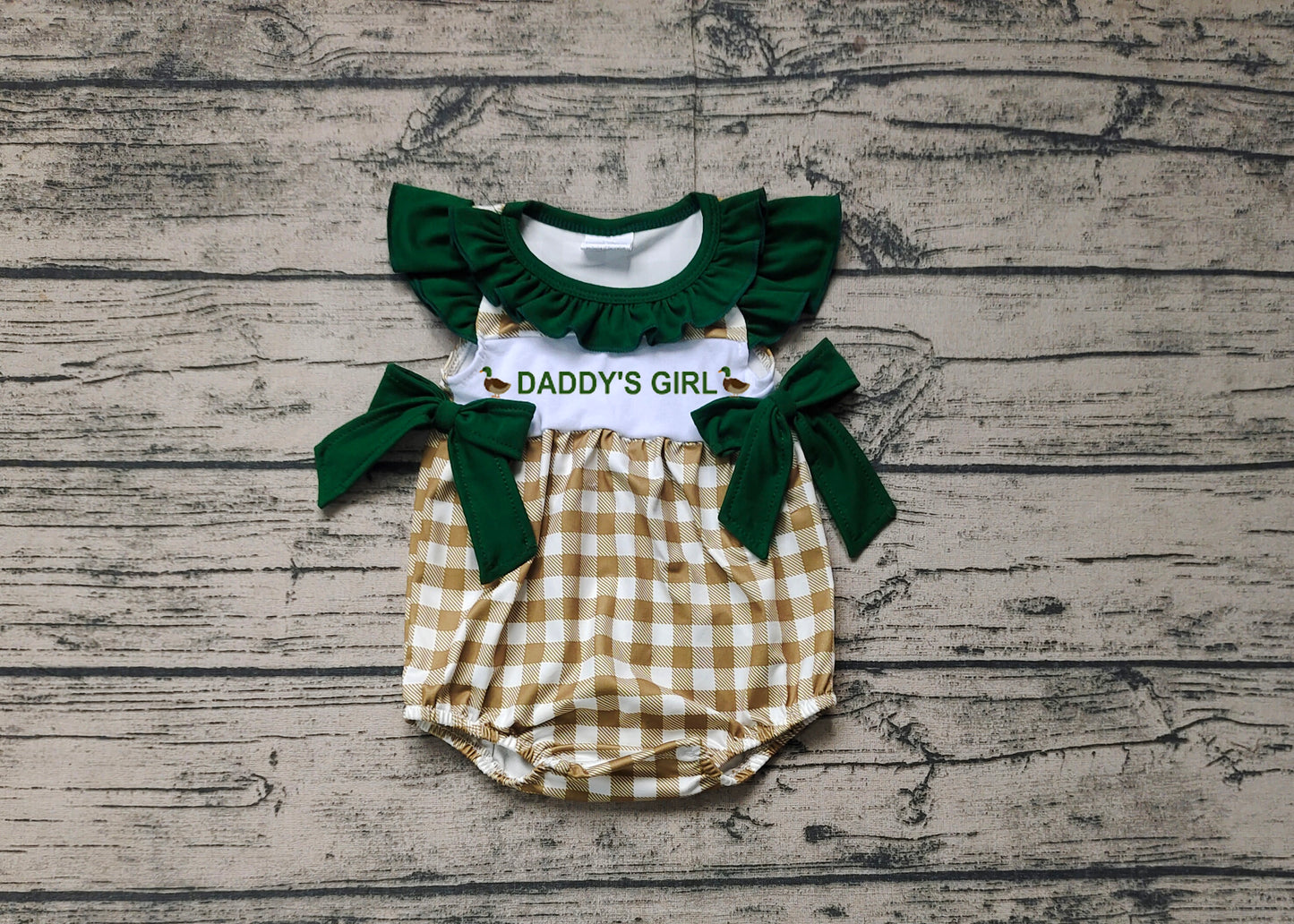 SR2304 daddy's girl duck green lace bow plaid vest jumpsuit